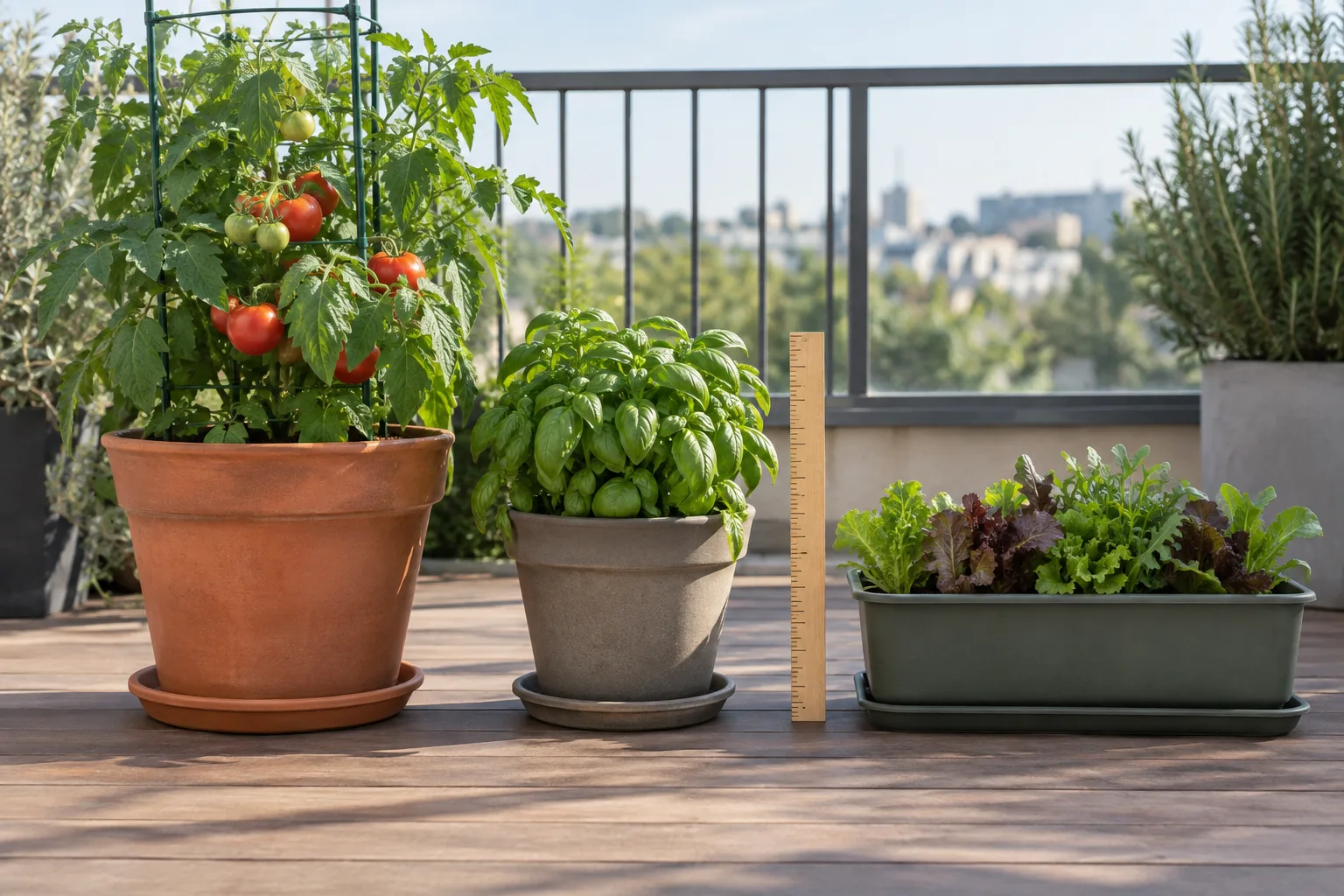 Balcony containers in different sizes and materials lined up for comparison
