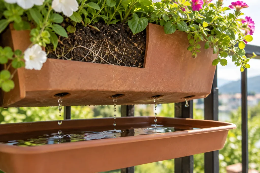 Drainage holes and a saucer under a balcony planter