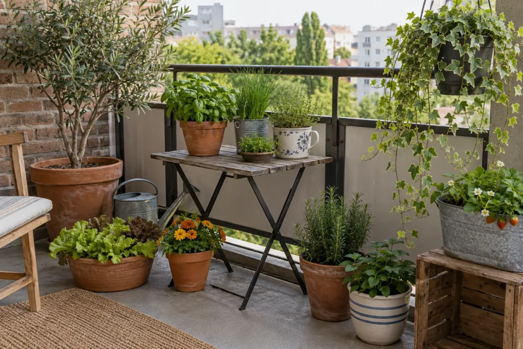 Balcony plants arranged at three different heights for a layered look