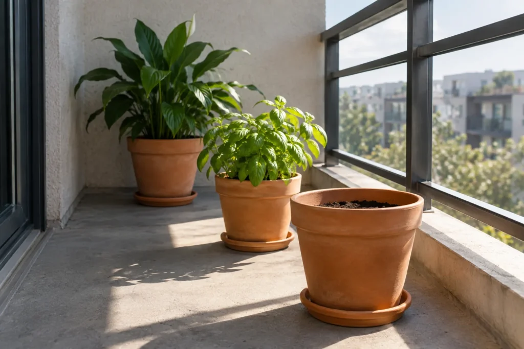 Balcony pots grouped by light zone based on measured sun hours