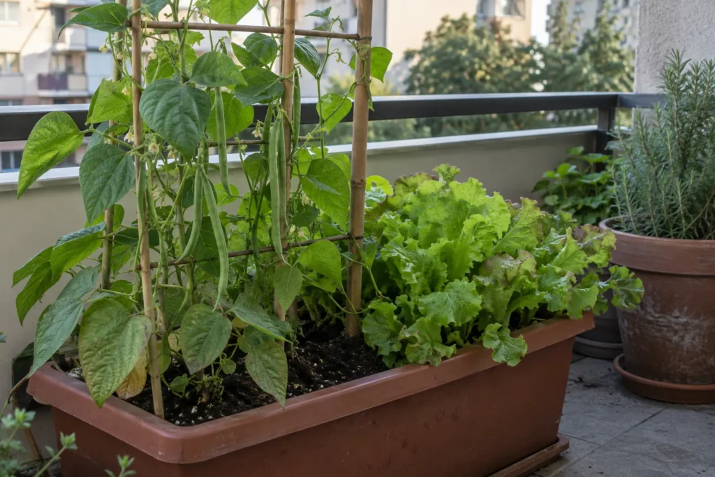 Beans paired with a leafy green in a balcony container for nitrogen fixing