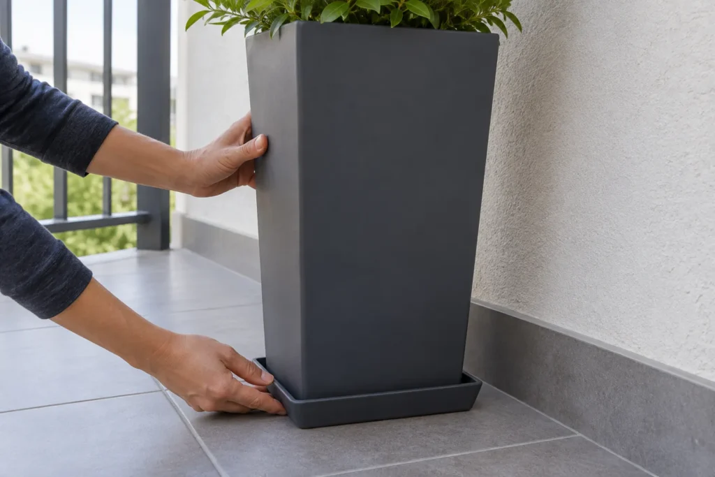 Checking the base and saucer of a tall balcony privacy planter