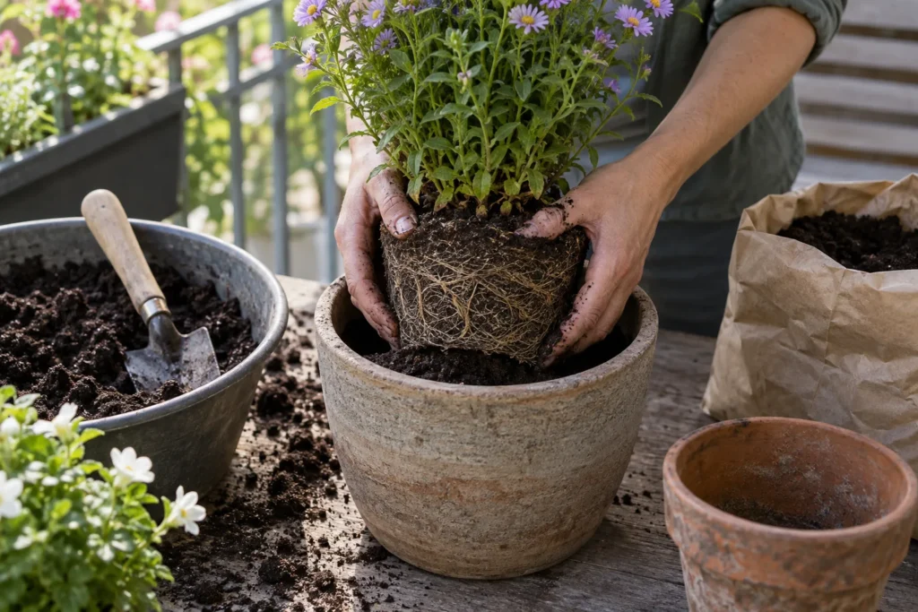 Choosing a new pot only slightly larger for repotting a balcony plant