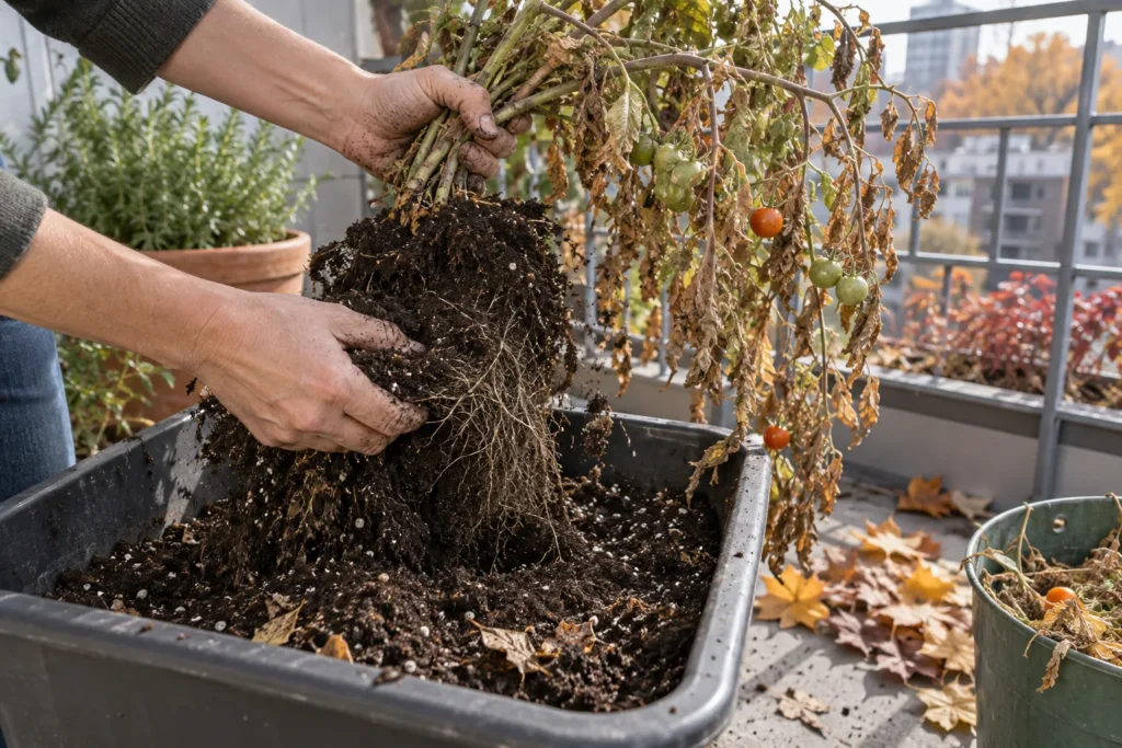 Clearing a summer balcony container to replant for fall