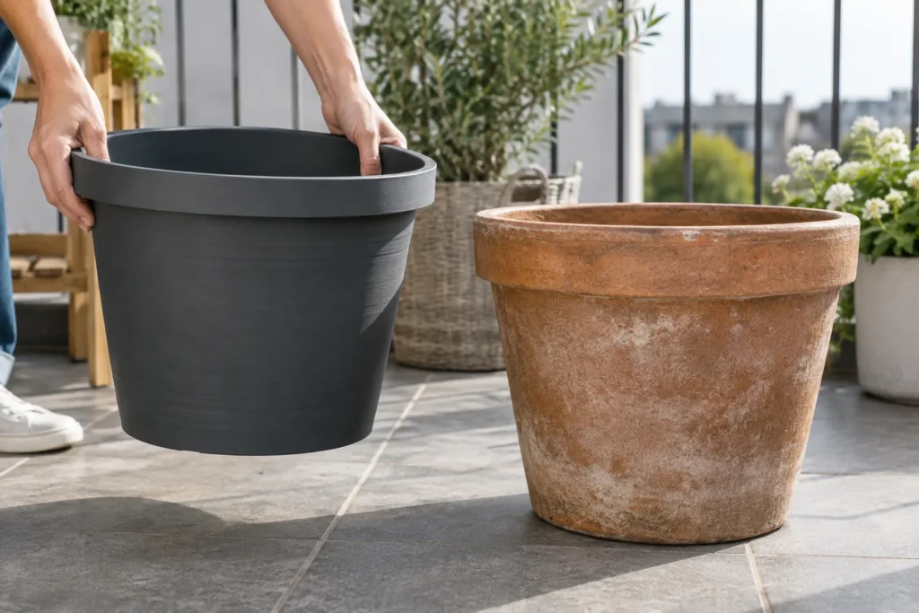 Comparing a lightweight resin pot with a heavy ceramic pot