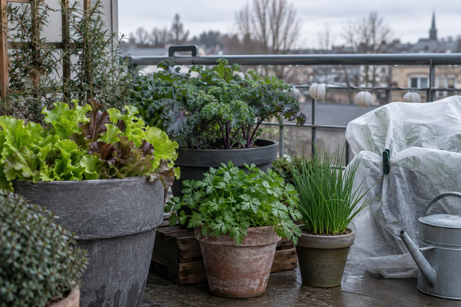 A cool-climate balcony garden with cold-hardy plants