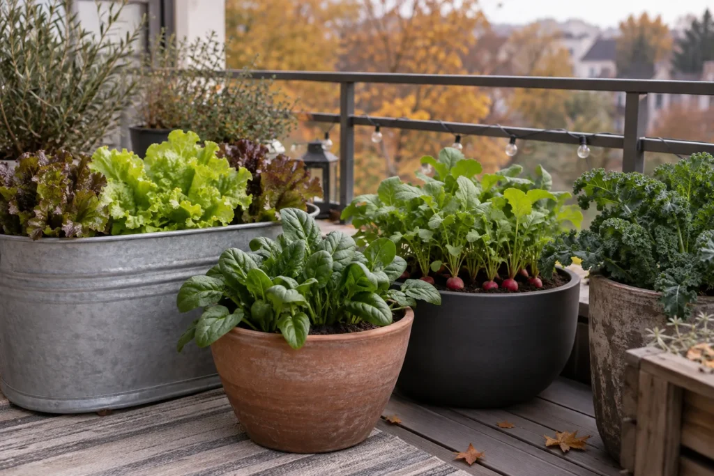 Lettuce, spinach, and radishes growing in balcony containers for fall
