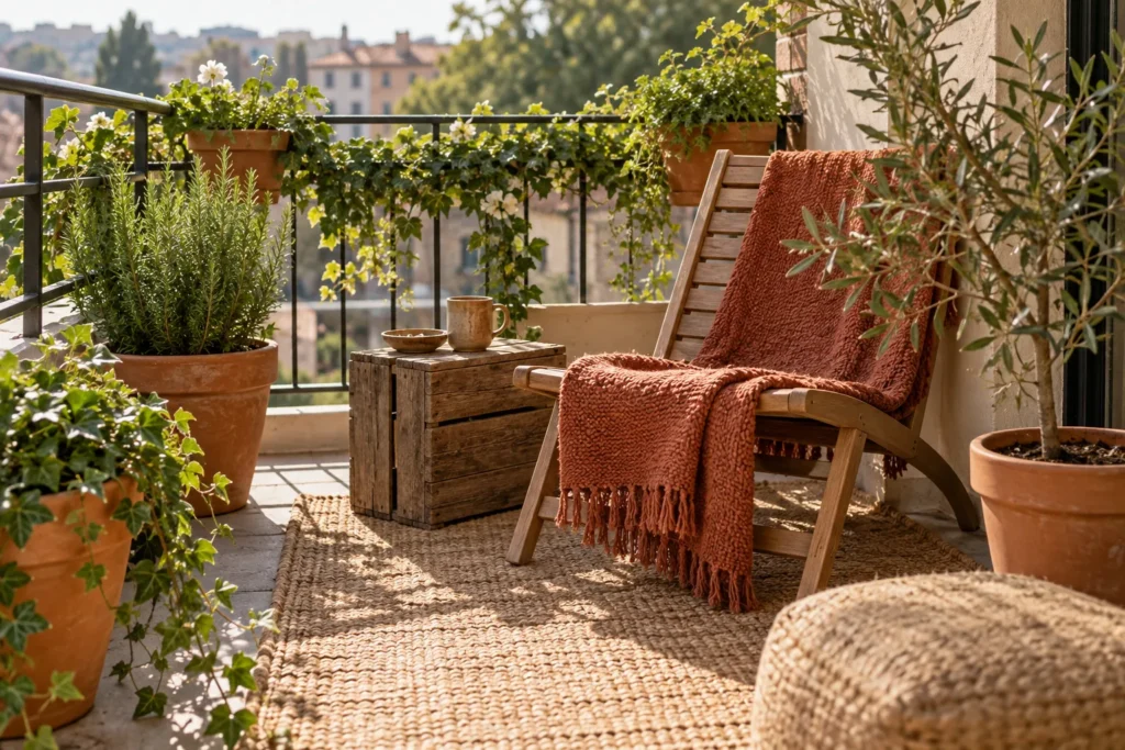 A repeating palette of materials and textures across balcony pots and furniture