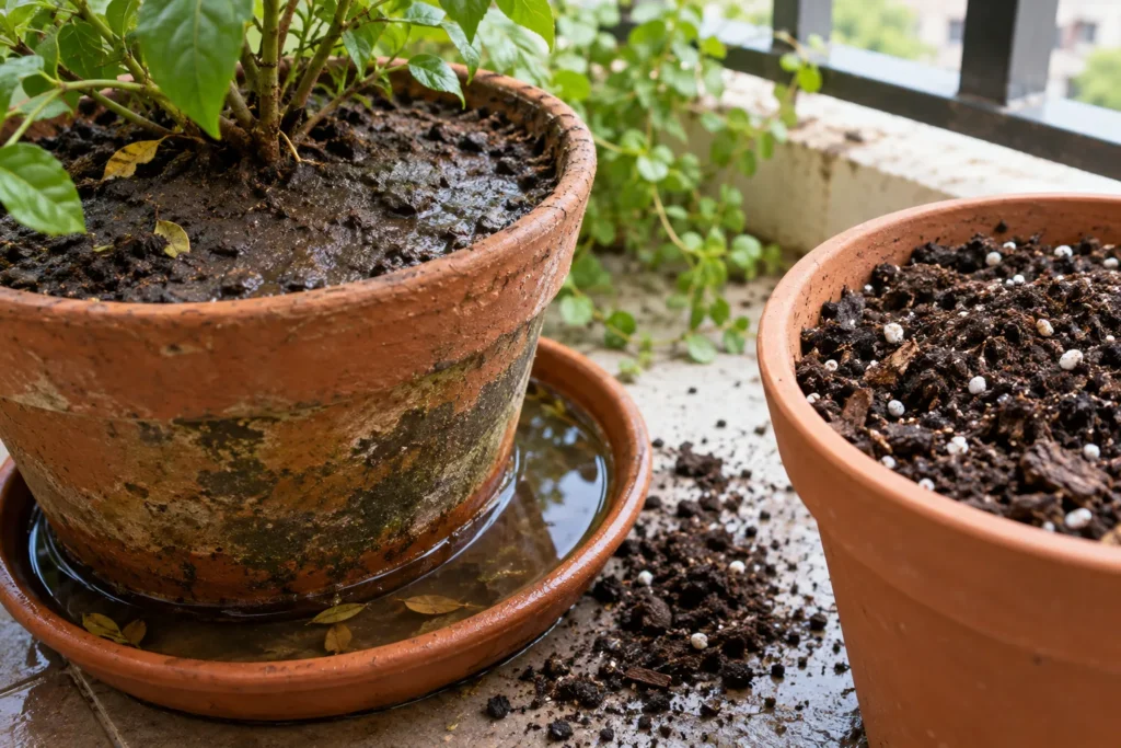 Dense garden soil compacted in a container with poor drainage