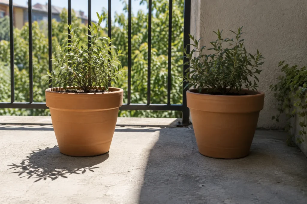 Comparing a pot in direct sun with one in bright shade