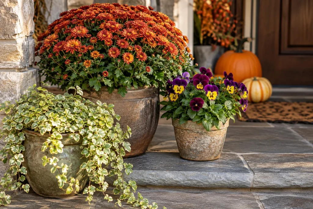 Fall balcony container combination using thriller, filler, and spiller plants