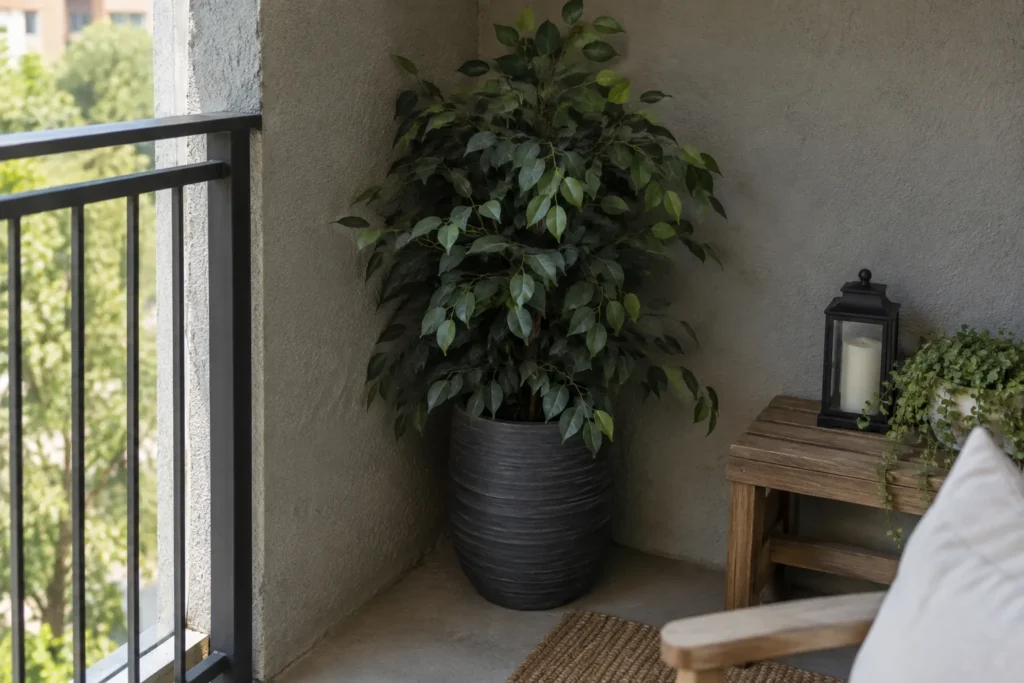 A faux plant placed in a shaded, hard-to-reach balcony corner