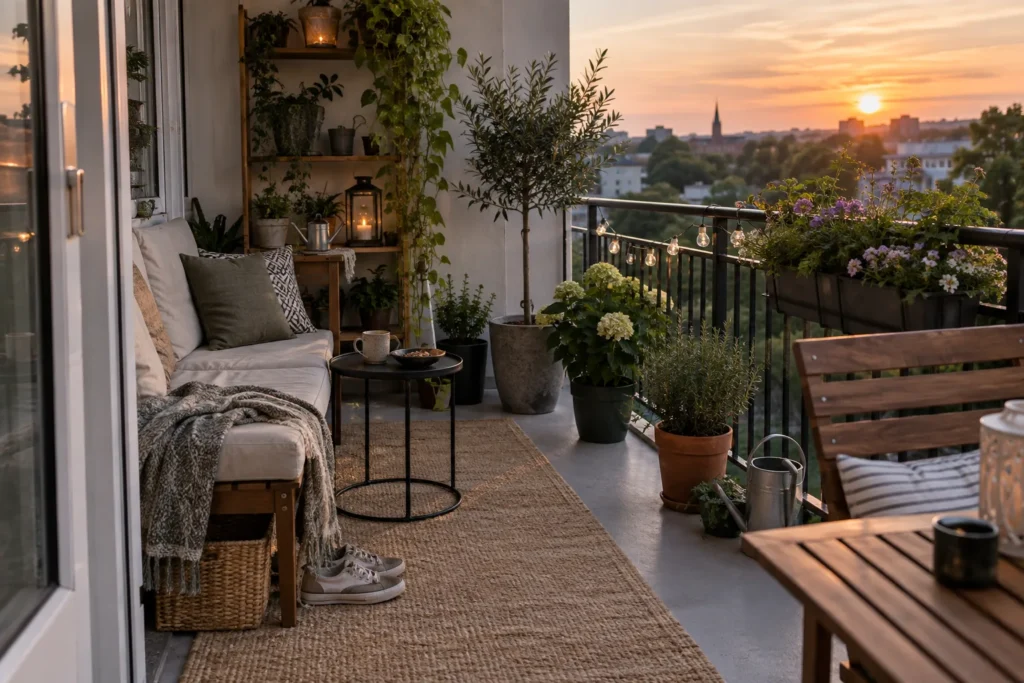 A finished balcony layout combining seating, plants, and walking access