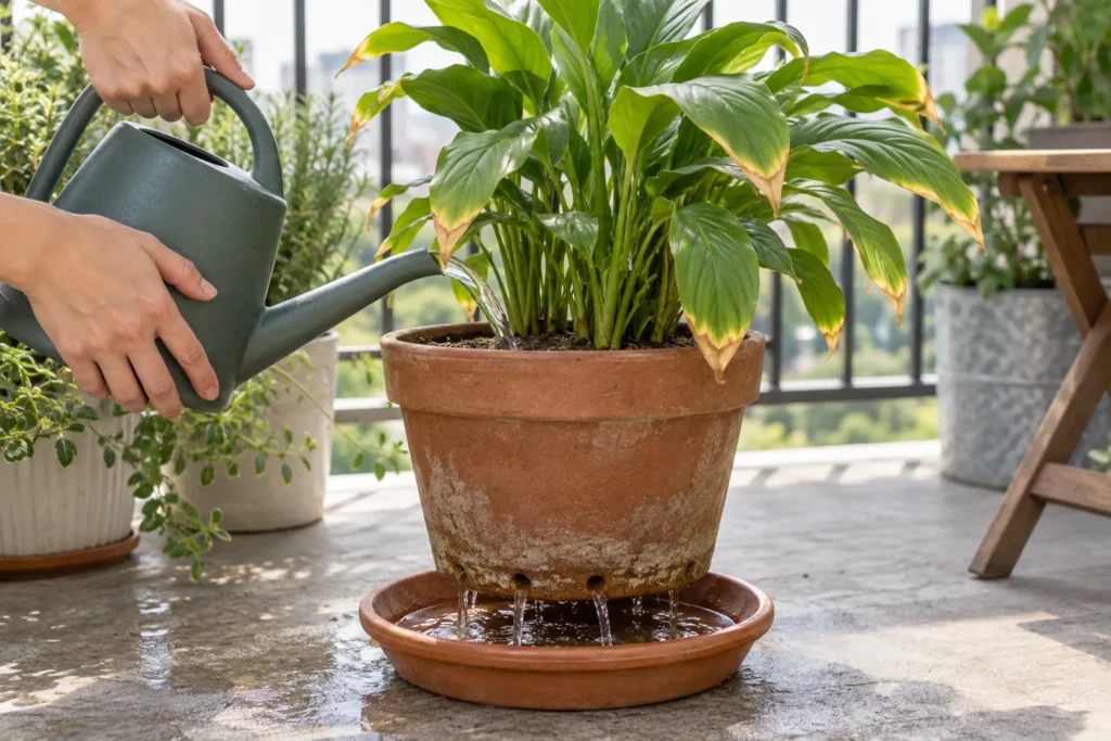 Flushing an overfed balcony container plant with plain water