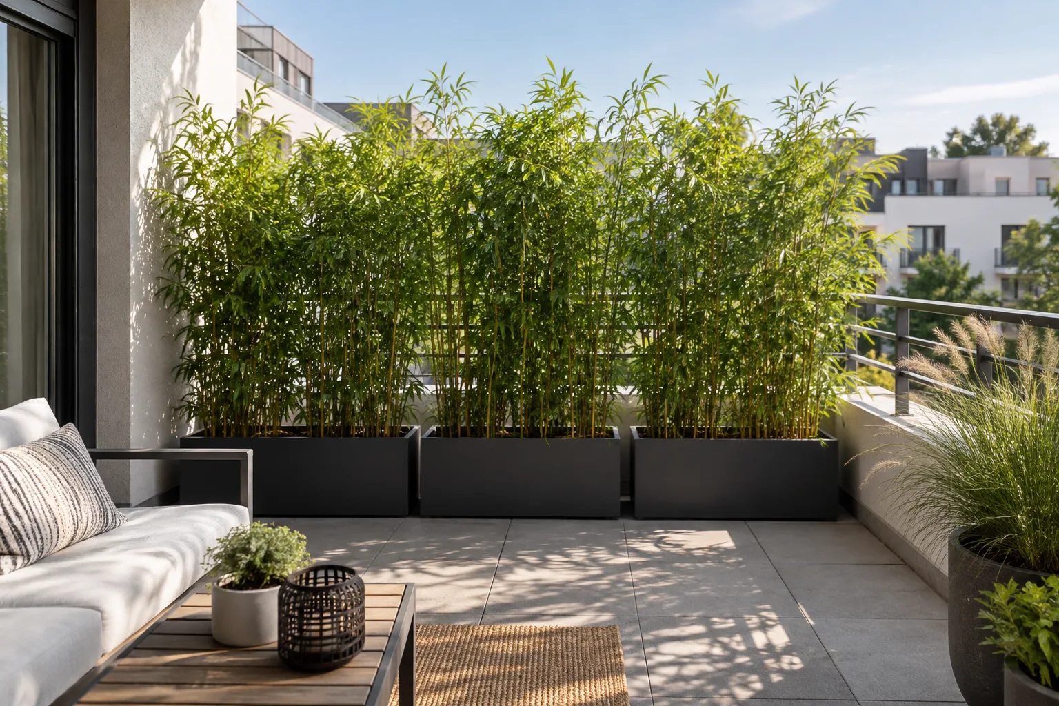 A freestanding privacy screen of tall plants on a balcony