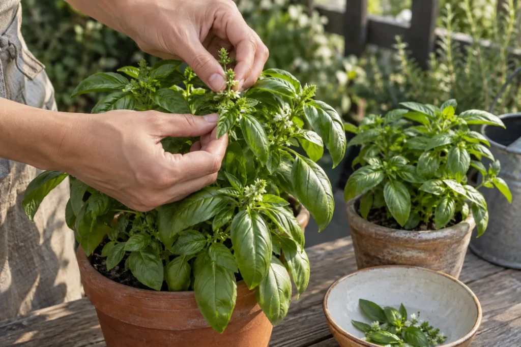Snipping basil just above a leaf node to encourage new growth