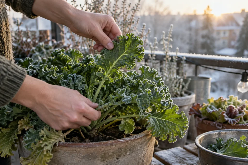 Harvesting cool-season greens from a balcony container