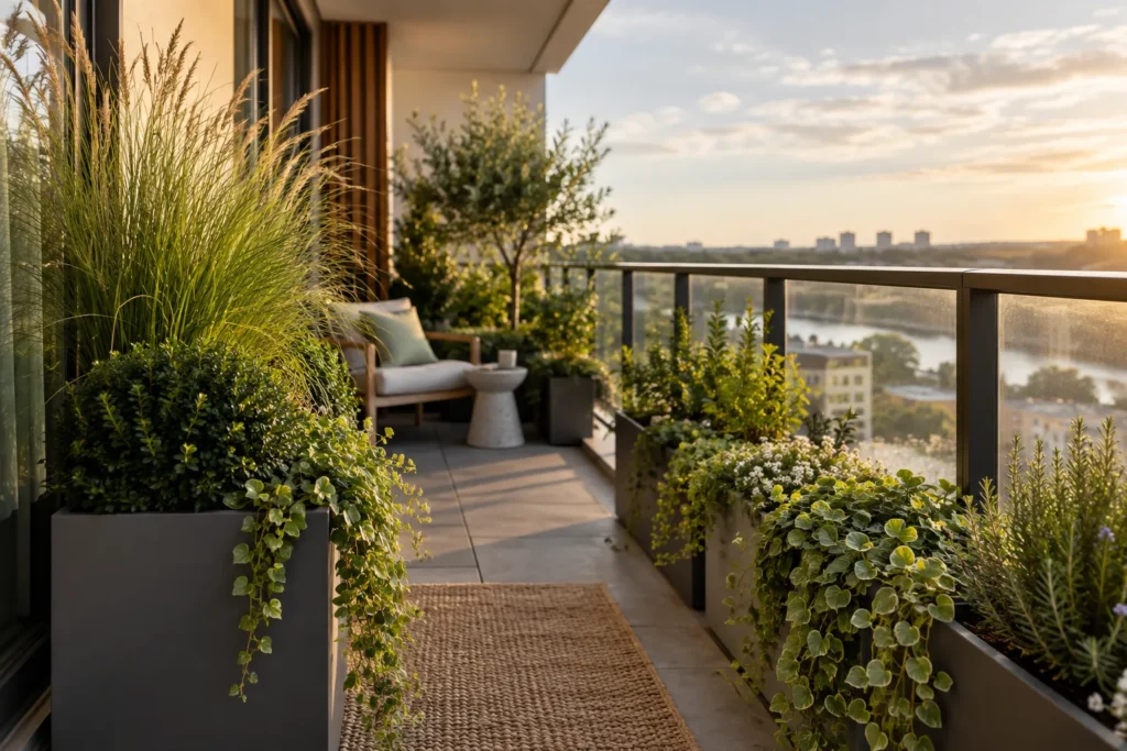 Layered privacy plants of different heights on a balcony
