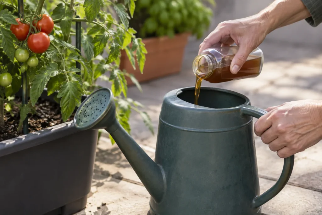Mixing water-soluble liquid fertilizer for a balcony pot