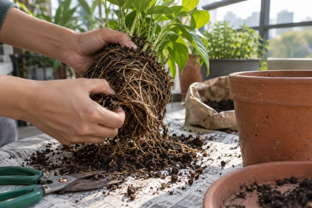 Loosening a root-bound root ball with snips before repotting