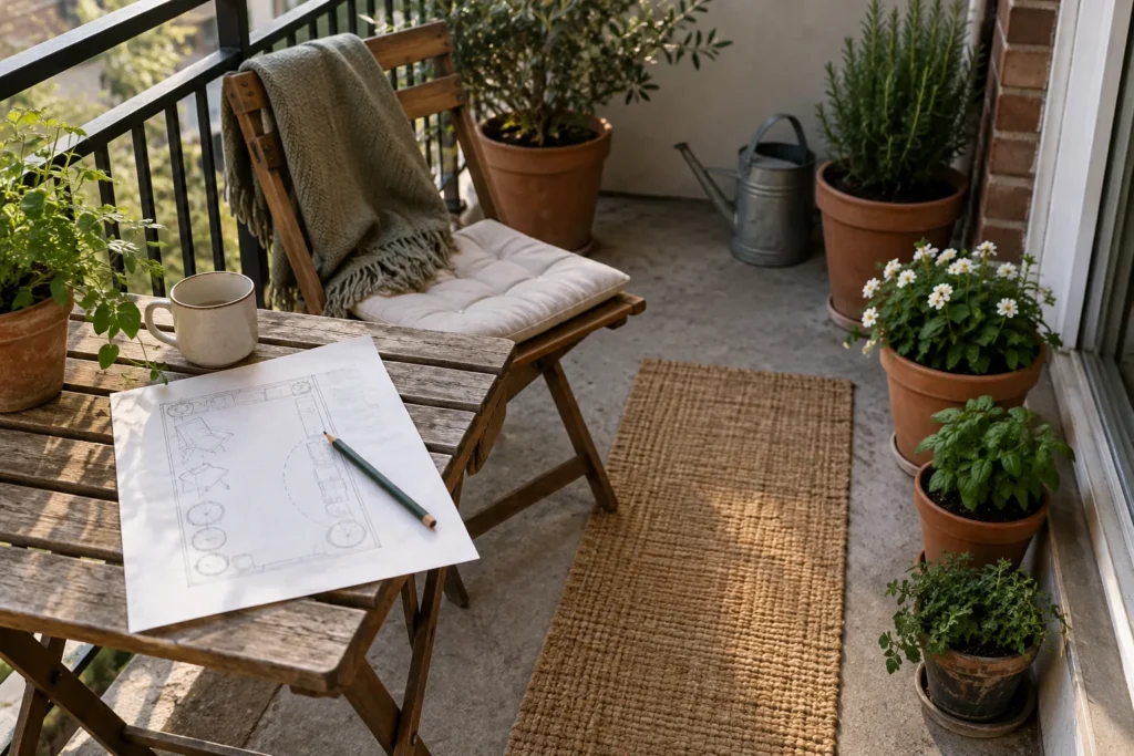 Mapping the footprint of a small balcony before adding plants and seating