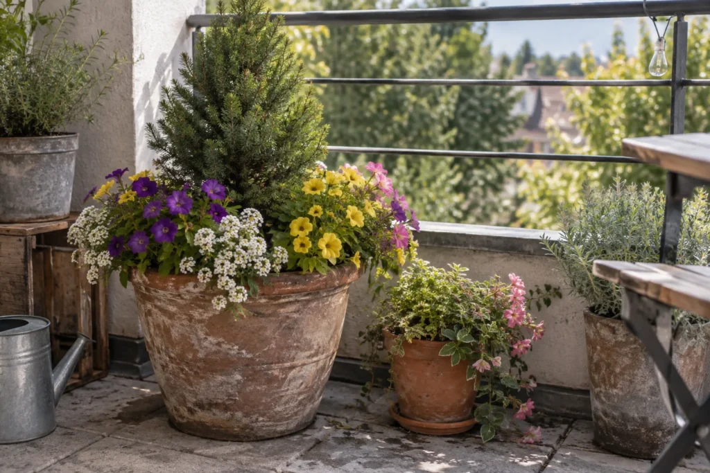 A mixed balcony container combining a perennial anchor with seasonal annuals