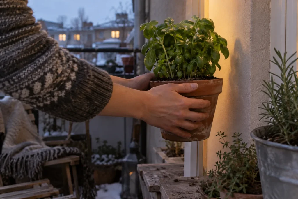 Moving a balcony pot indoors ahead of a frost warning