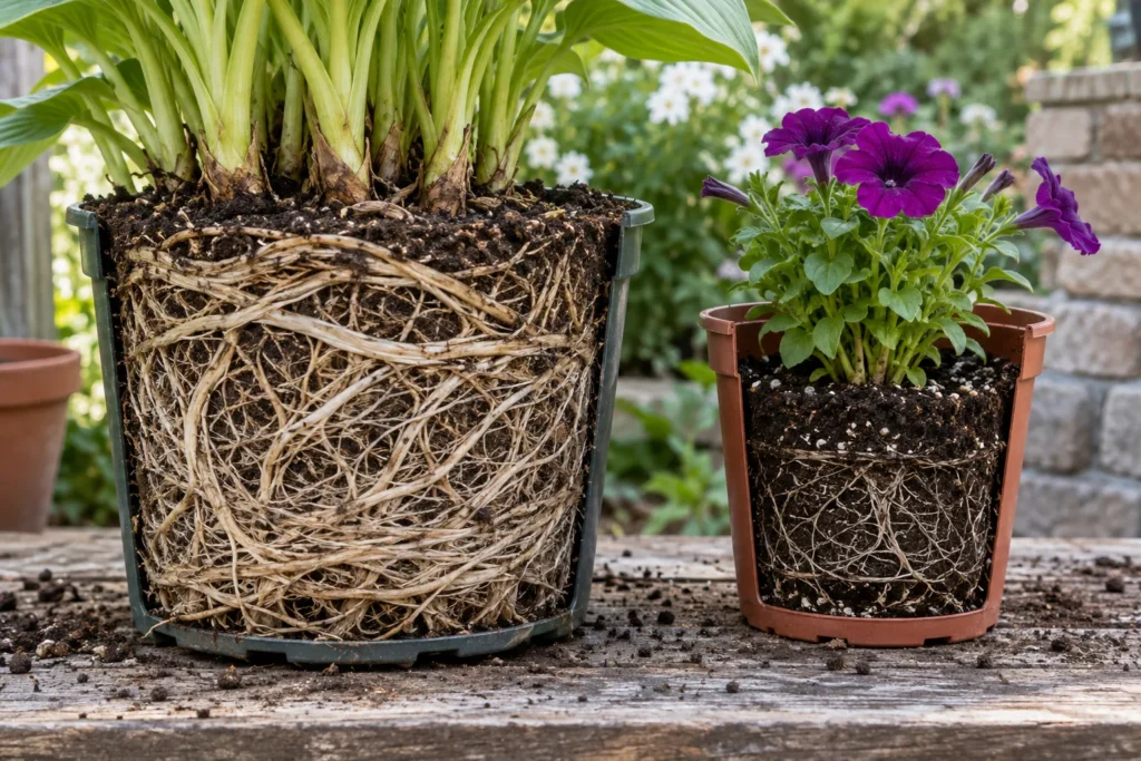 Comparing root space needs of a perennial versus an annual balcony plant