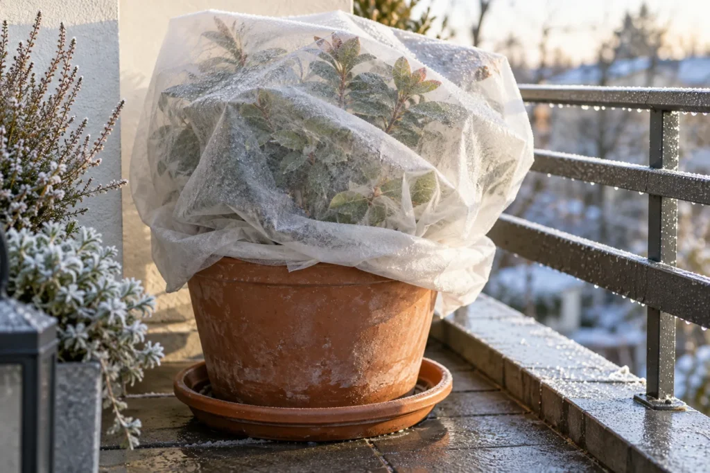 Covering a balcony plant with frost fleece on a cold night