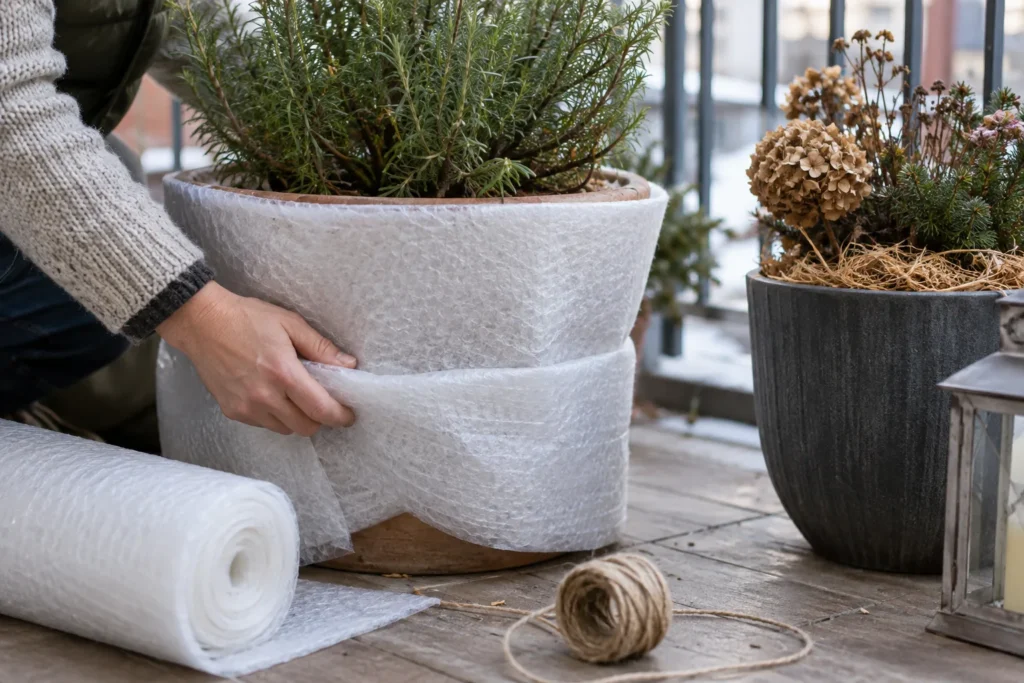 Protecting a perennial balcony container through winter