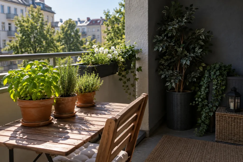 Choosing real or faux balcony plants based on light and access conditions