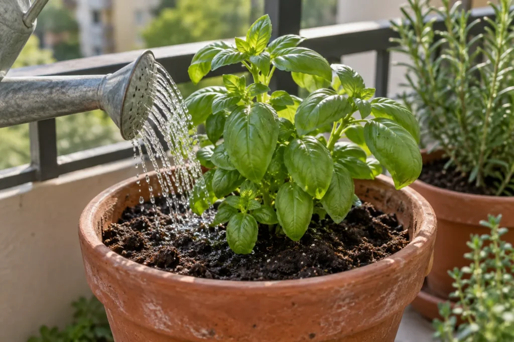 A real herb plant growing in a balcony container