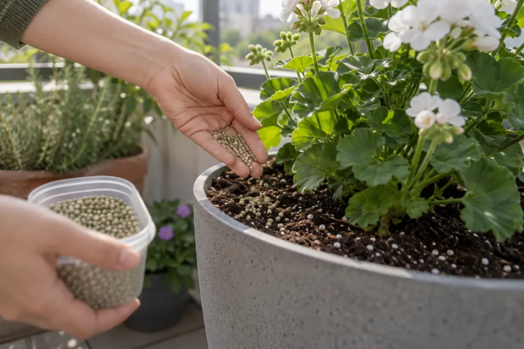 Slow-release fertilizer granules scattered on balcony container soil