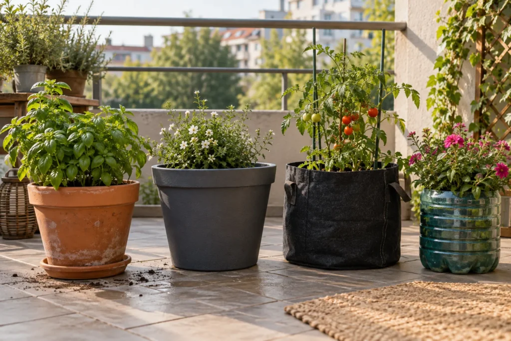 Terracotta, resin, and fabric balcony planters compared side by side
