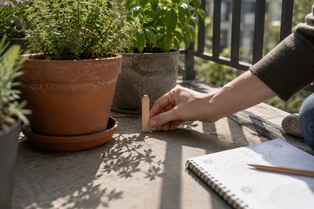 Tracking a balcony shadow hourly with a marker to measure sun