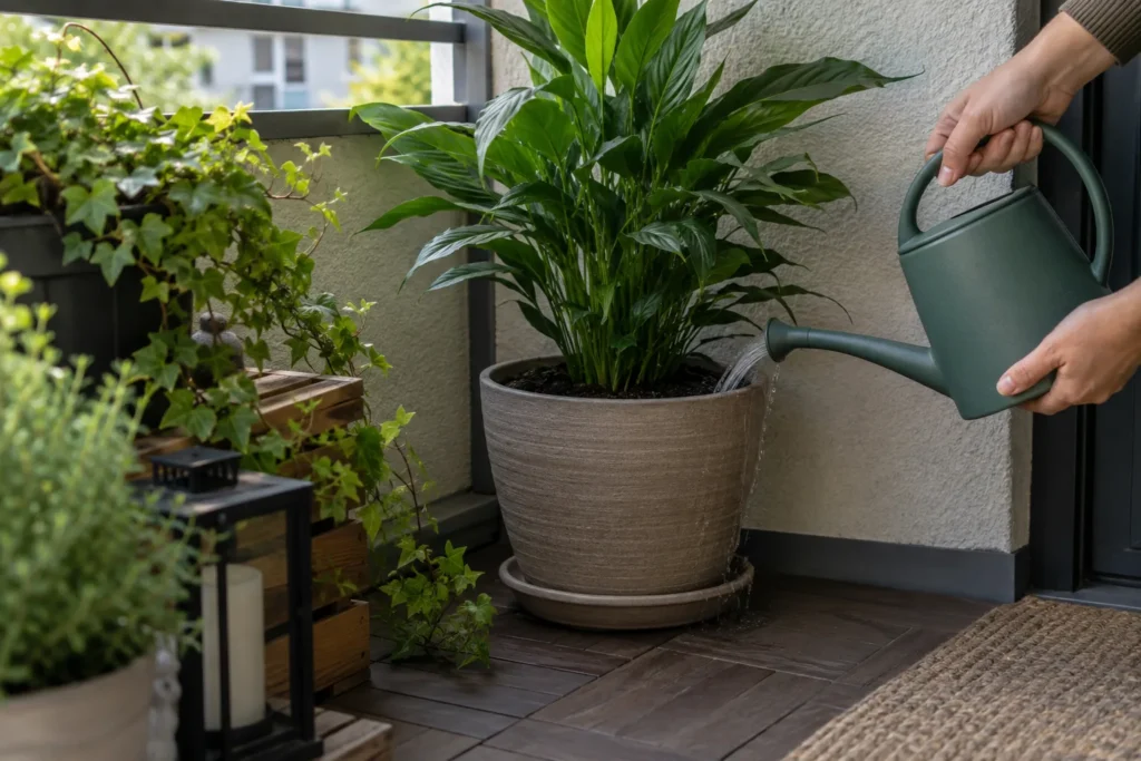 Watering a newly repotted balcony plant to settle the soil