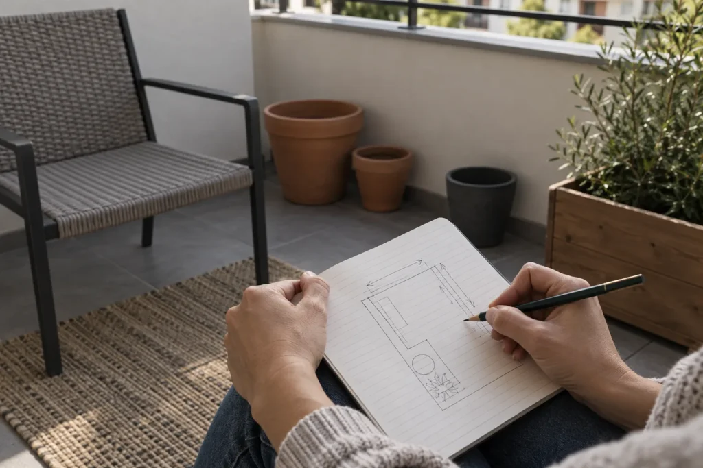 Writing down balcony dimensions in a notebook before planning