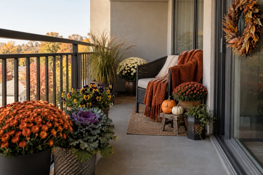 Fall-decorated balcony with mums, a small pumpkin, and warm-toned cushions