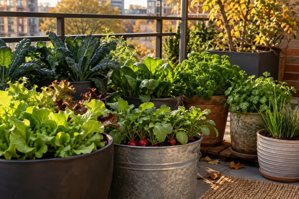 Fall balcony containers growing lettuce, kale, and other cool-season vegetables