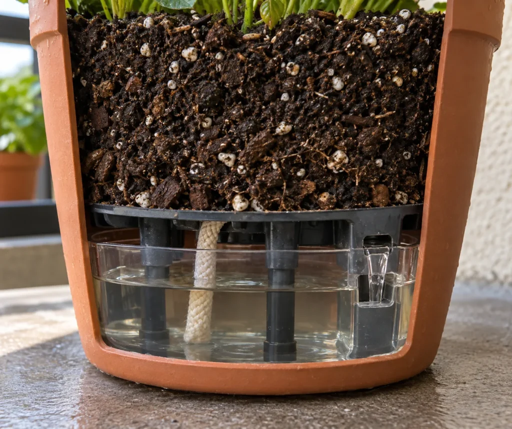 Cutaway diagram of a self-watering planter reservoir and wick