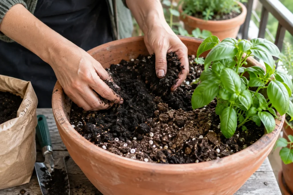 Finished compost blended into potting mix for a balcony container