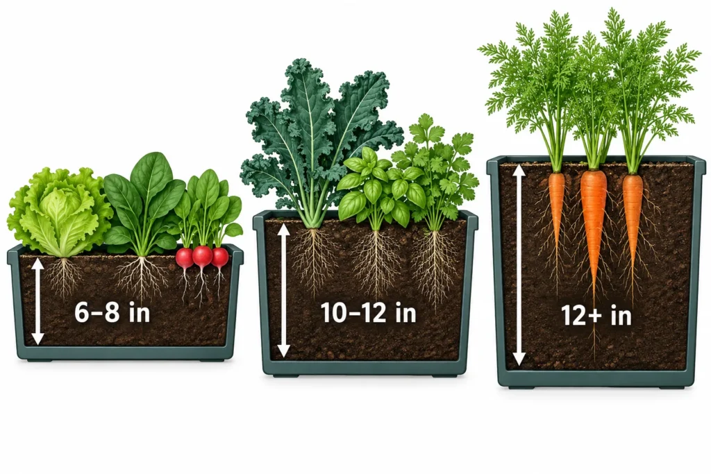 Diagram comparing the container depths needed for fall lettuce, kale, radishes, and carrots