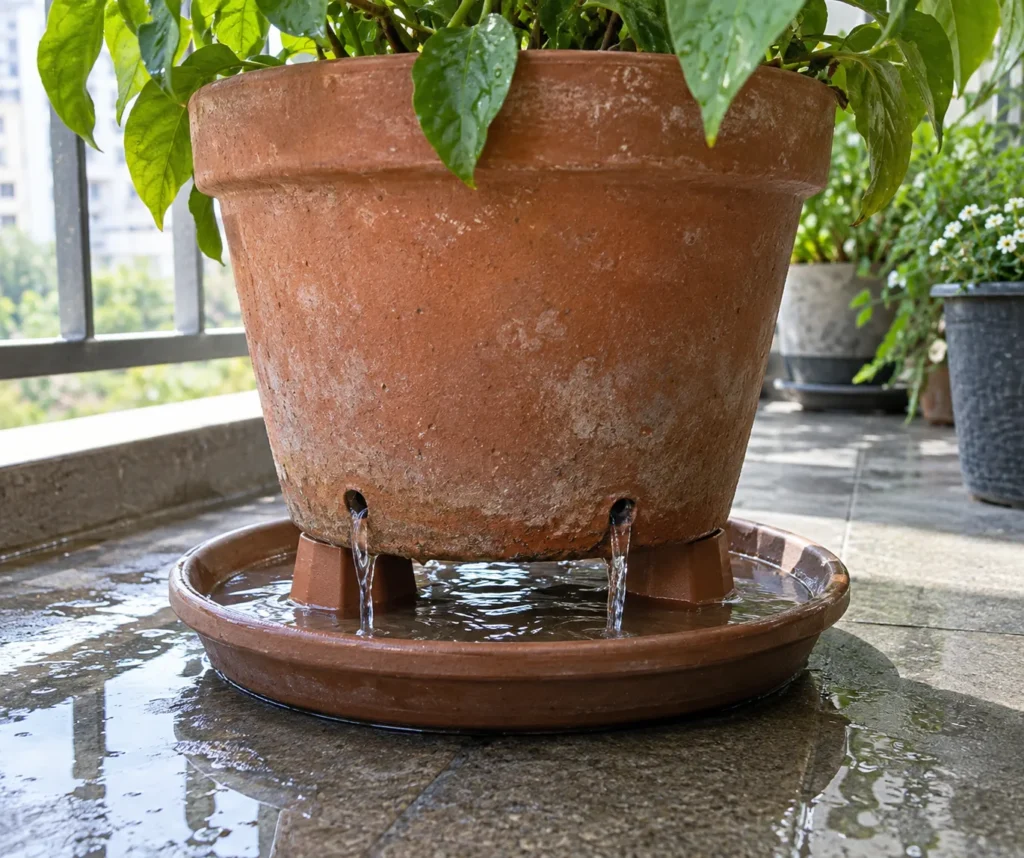 Balcony planter drainage hole with water draining freely