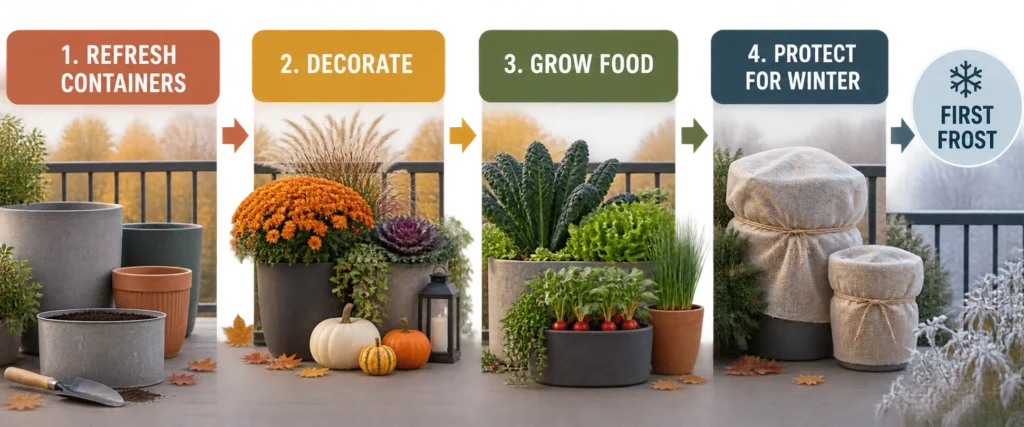 Timeline graphic showing the four fall balcony stages: refresh, decorate, grow, and protect