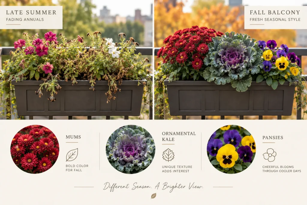 Late-summer annuals swapped for mums, ornamental kale, and pansies on a balcony