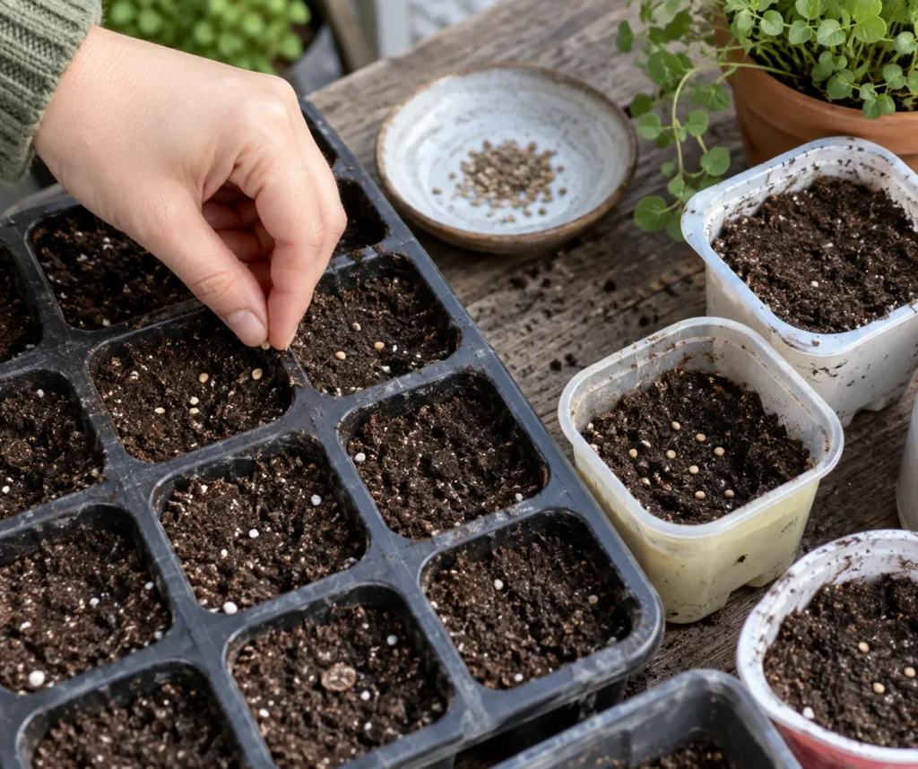 Sowing seeds into fine seed-starting mix at the correct depth