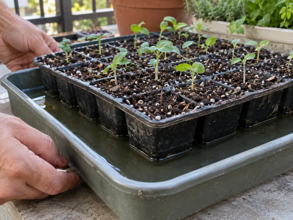 Bottom-watering seed trays to avoid damping off