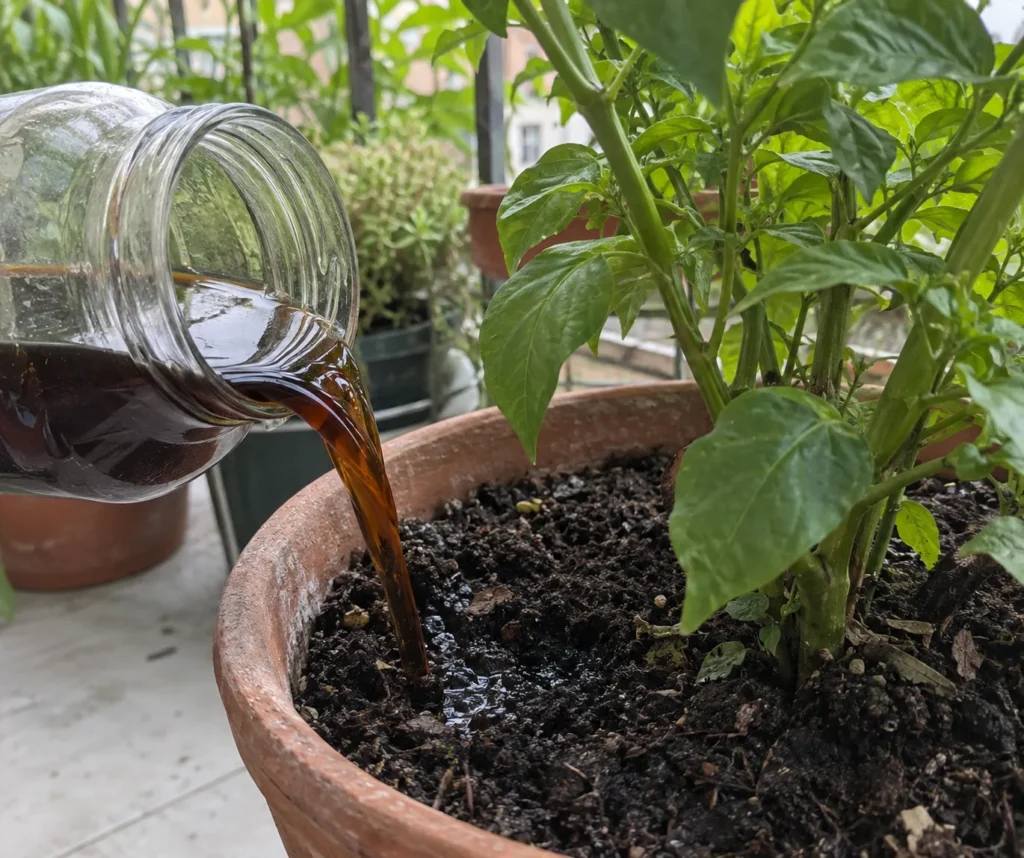 A jar of homemade compost tea for balcony plants