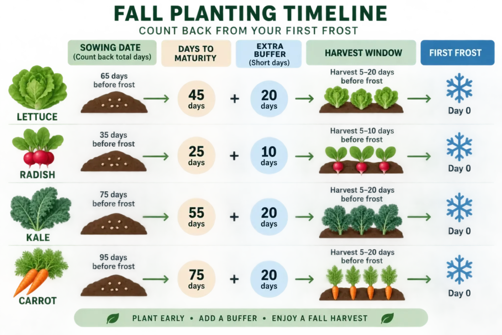 Counting backward from the first frost date to time a fall vegetable planting