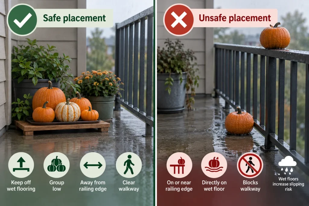 Small pumpkins grouped on a plant stand off the wet balcony floor, clear of the walkway